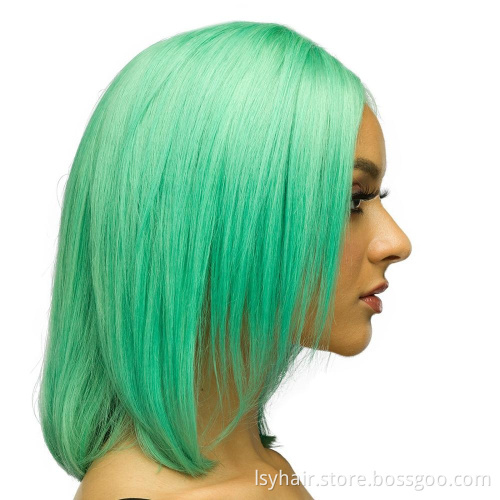 Korean Transparent color Lace Front Green Wig, 8 10 Inch Bob Wigs Sunny Green Human Hair Wigs With Elastic Band